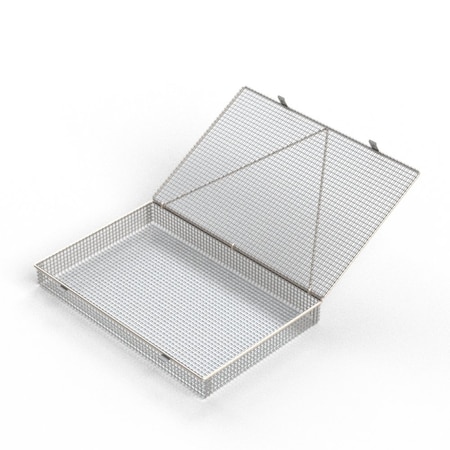 Anysizebasket Light Duty Basket: 18Lx12Wx2H, 304 SS, Hinged Lid with Thumb Clasp, No Handles, Mesh: 2 x .063 FLB-180120020-L02S